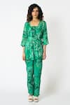 KLAD_Green Cotton Satin Printed Marble Jacket Open Neck And Floral Pant Set _Online_at_Aza_Fashions