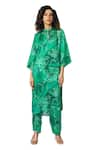 Buy_KLAD_Green Cotton Satin Printed Marble Band Collar Kurta And Pant Set 