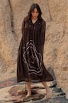 Buy_Nirjara_Brown Chanderi Cotton Hand Painted Floral V Neck Arazi Dress  _at_Aza_Fashions