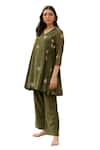 Nirjara_Green Chanderi Cotton Hand Block Printed Flower V Nara Kurta And Pant Set _Online_at_Aza_Fashions