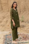 Buy_Nirjara_Green Chanderi Cotton Hand Block Printed Flower V Nara Kurta And Pant Set _Online_at_Aza_Fashions