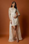 Buy_Mehak Murpana_Ivory Heavy Satin Embroidered Sequins Round Dress With Detachable Trail _at_Aza_Fashions