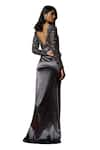 Buy_Mehak Murpana_Grey Stretch Satin Embroidered Floral V Neck Gown _Online_at_Aza_Fashions