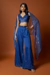 Buy_Mehak Murpana_Blue Crepe Embroidered Sequins V Neck Cape Flared Pant Set _at_Aza_Fashions