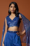 Mehak Murpana_Blue Crepe Embroidered Sequins V Neck Cape Flared Pant Set _at_Aza_Fashions