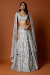 Buy_Mehak Murpana_Silver Net Embroidered Sequins Leaf Neck And Thread Lehenga Set _at_Aza_Fashions