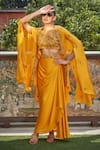 Bohame_Yellow Satin Chiffon Embroidered Bead Cape Riley Zari Asymmetric Skirt Set_at_Aza_Fashions