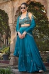 Bohame_Green Satin Chiffon Embroidered Bead Aura Zari Floral Blouse Lehenga Set _Online_at_Aza_Fashions