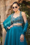 Buy_Bohame_Green Satin Chiffon Embroidered Bead Aura Zari Floral Blouse Lehenga Set _Online_at_Aza_Fashions