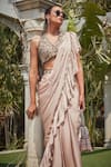 Buy_Bohame_Pink Satin Chiffon Valarie Plain Pre-draped Ruffle Saree With Blouse _Online_at_Aza_Fashions