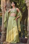 Buy_Bohame_Green Satin Chiffon Embroidered Bead Aurora Floral Zari Blouse Lehenga Set _at_Aza_Fashions