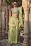 Bohame_Green Satin Chiffon Embroidered Bead Aurora Floral Zari Blouse Lehenga Set _Online_at_Aza_Fashions