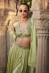 Buy_Bohame_Green Satin Chiffon Embroidered Bead Aurora Floral Zari Blouse Lehenga Set _Online_at_Aza_Fashions