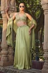 Bohame_Green Satin Chiffon Embroidered Bead Aurora Floral Zari Blouse Lehenga Set _at_Aza_Fashions