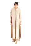 Buy_AMPM_Beige Chanderi Solid Jacket Open Neck With Kurta Set _Online_at_Aza_Fashions