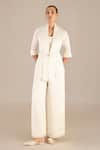 Buy_Ampm_Ivory Satin Organza Solid Shawl Lapel Mana Collar Throw Set _at_Aza_Fashions