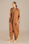 Buy_AMPM_Brown Linen Solid Collar Neck Elizah Shirt Dhoti Pant Set 