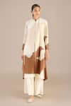 Buy_AMPM_Beige Chanderi Print Blossom Mandarin Collar Jacket Palazzo Set _at_Aza_Fashions