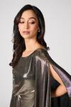 Buy_S&N by Shantnu Nikhil_Gold Pewter Lurex Textured Chain Boat Metallic Asymmetric Dress_Online_at_Aza_Fashions
