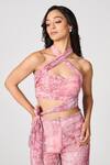 Buy_S&N by Shantnu Nikhil_Pink Chiffon Printed Floral Halter Neck Side Tie Bustier_at_Aza_Fashions