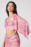 Shop_S&N by Shantnu Nikhil_Pink Jersey Printed Floral V-neck Crop Top_Online_at_Aza_Fashions