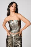 Buy_S&N by Shantnu Nikhil_Gold Pewter Lurex Textured Notched Straight Metallic Corset _at_Aza_Fashions