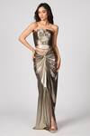 Shop_S&N by Shantnu Nikhil_Gold Pewter Lurex Textured Notched Straight Metallic Corset _at_Aza_Fashions