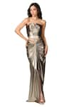 S&N by Shantnu Nikhil_Gold Pewter Lurex Textured Notched Straight Metallic Corset _Online_at_Aza_Fashions