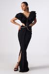 Buy_S&N by Shantnu Nikhil_Black Poly Jersey Embellished Metallic Studs V-neck Side Cut-out Slit Gown _at_Aza_Fashions