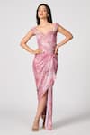 Buy_S&N by Shantnu Nikhil_Pink Metallic Jersey Printed Floral Off Shoulder V Embellished Slit Gown_at_Aza_Fashions