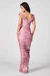 Shop_S&N by Shantnu Nikhil_Pink Metallic Jersey Printed Floral Off Shoulder V Embellished Slit Gown_at_Aza_Fashions