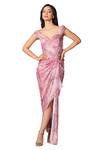 S&N by Shantnu Nikhil_Pink Metallic Jersey Printed Floral Off Shoulder V Embellished Slit Gown_Online_at_Aza_Fashions