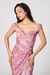Buy_S&N by Shantnu Nikhil_Pink Metallic Jersey Printed Floral Off Shoulder V Embellished Slit Gown_Online_at_Aza_Fashions