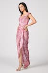 Shop_S&N by Shantnu Nikhil_Pink Metallic Jersey Printed Floral Off Shoulder V Embellished Slit Gown_Online_at_Aza_Fashions