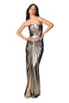 S&N by Shantnu Nikhil_Gold Pewter Lurex Textured Metallic Slit Skirt _Online_at_Aza_Fashions