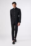 Buy_S&N by Shantnu Nikhil_Black Poly Spandex Suiting Plain Solid Button Down Bandhgala _at_Aza_Fashions