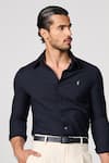 Shop_S&N by Shantnu Nikhil_Blue Poly Blend Placement Embroidery Batsman Logo Shirt_Online_at_Aza_Fashions