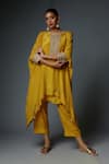 Buy_Bha sha_Yellow Kaftan Crepe Hand Work Badla Round Afrah Pearl Embroidered With Pant _at_Aza_Fashions