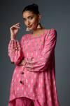 Bha sha_Pink Tunic Chanderi Hand Work Cutbead Round Flower Embroidered With Pant _at_Aza_Fashions