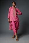 Buy_Bha sha_Pink Tunic Chanderi Hand Megha Asymmetric Bead Embroidered Yoke Kurta With Pant _at_Aza_Fashions