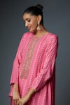 Bha sha_Pink Tunic Chanderi Hand Megha Asymmetric Bead Embroidered Yoke Kurta With Pant _at_Aza_Fashions