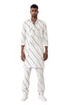 Buy_Son of A Noble Snob_White Linen Printed Striped Myles Bias Bundi And Kurta Set  