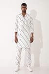 Shop_Son of A Noble Snob_White Linen Printed Striped Myles Bias Bundi And Kurta Set  