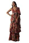 Vana Ethnics_Red Viscose Print Rafflesia Garden V Pre-draped Ruffle Tiered Saree With Blouse _Online_at_Aza_Fashions