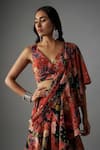 Shop_Vana Ethnics_Red Viscose Print Rafflesia Garden V Pre-draped Ruffle Tiered Saree With Blouse _Online_at_Aza_Fashions