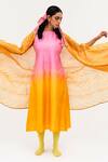 Naina Jain_Pink Silk Ombre Round Neck Khari Dress With Asymmetric Arashi Cape _Online_at_Aza_Fashions