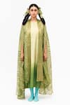 Buy_Naina Jain_Green Silk Ombre Round Neck Khari Shaded Dress With Asymmetric Arashi Cape _at_Aza_Fashions