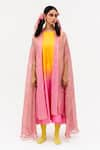 Naina Jain_Pink Silk Ombre Round Neck Khari Shaded A-line Dress With Asymmetric Arashi Cape _Online_at_Aza_Fashions