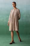 Buy_Archana Jaju_Brown Linen Embroidered Thread Round Checkered Kalamkari Dress _at_Aza_Fashions