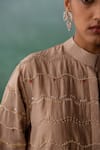 Archana Jaju_Brown Chanderi Embroidered Thread Mandarin Collar Wave Shirt With Pant _at_Aza_Fashions